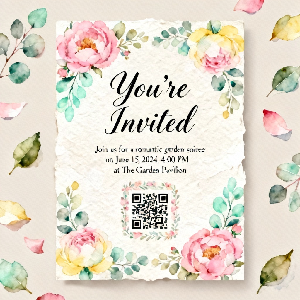 AI watercolor floral garden birthday invitation with calligraphy