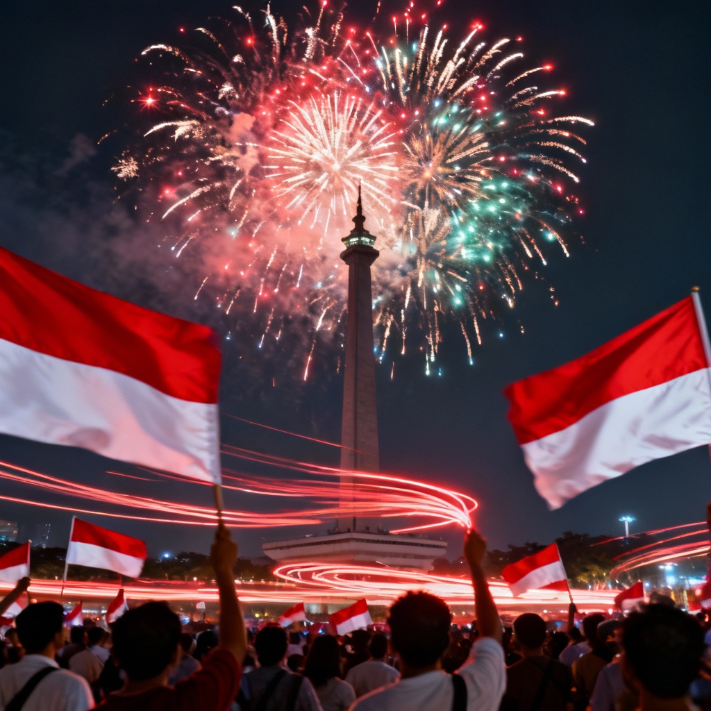 AI Monas silhouette with fireworks and flags
