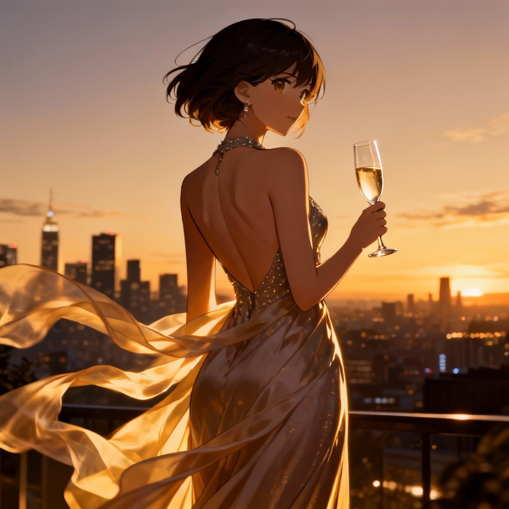AI sexy anime evening rooftop portrait