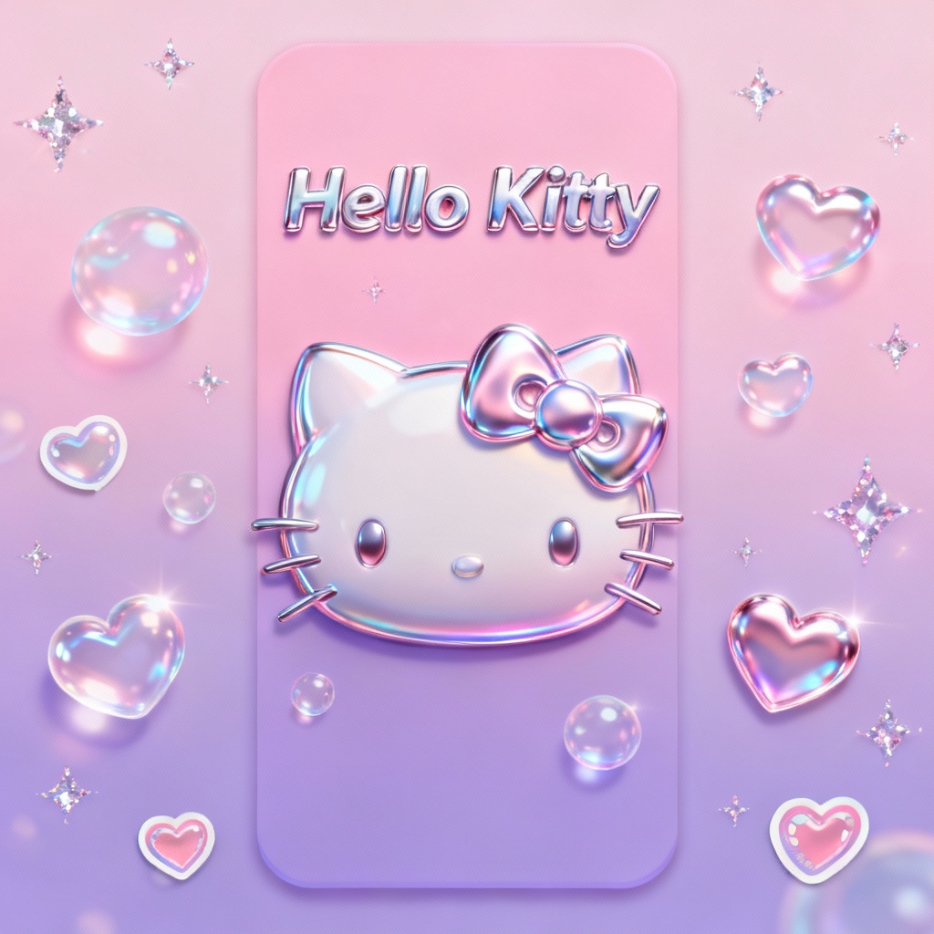 AI Y2K Hello Kitty pastel pink wallpaper with bow, hearts, and glitter