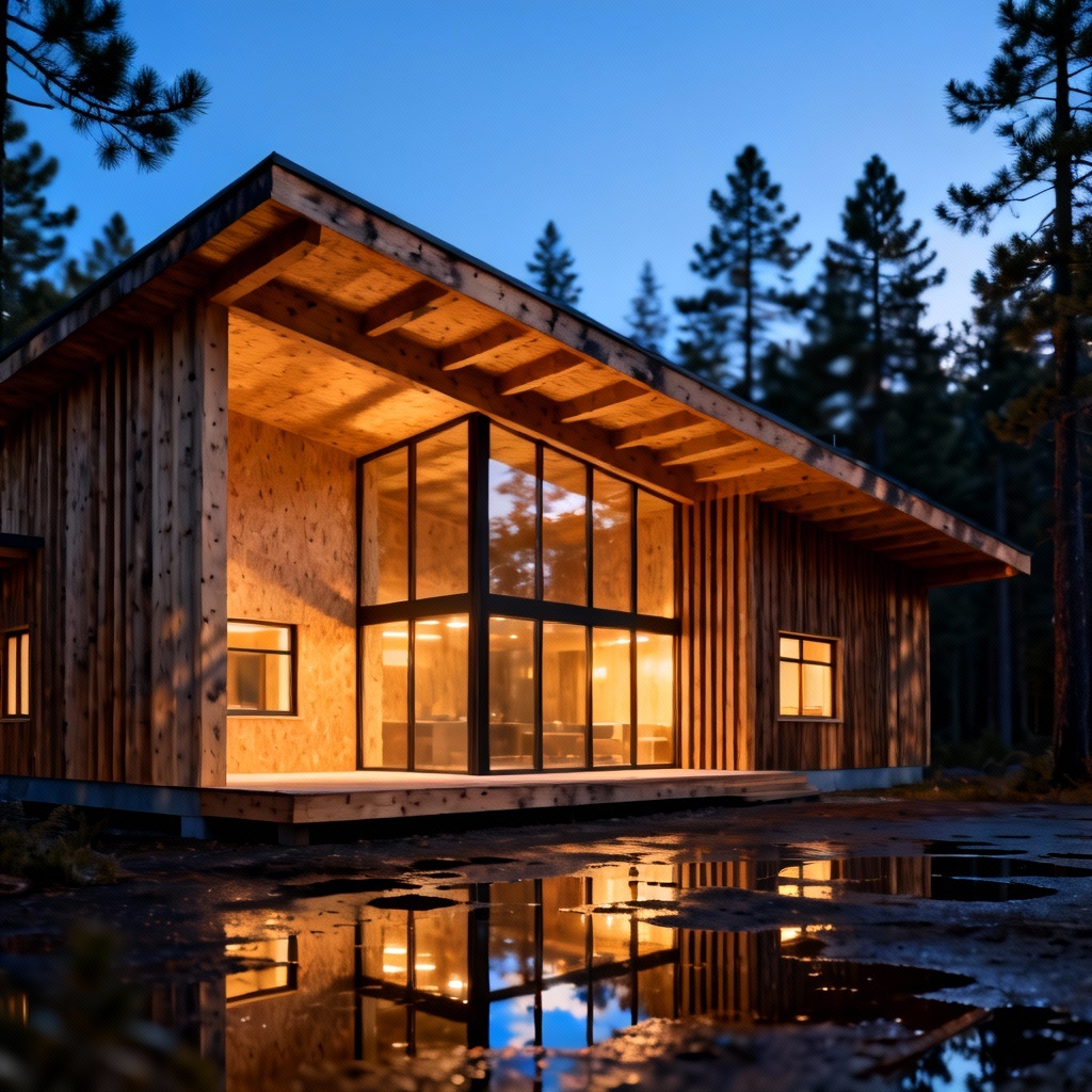 AI modern timber frame house exterior at dusk