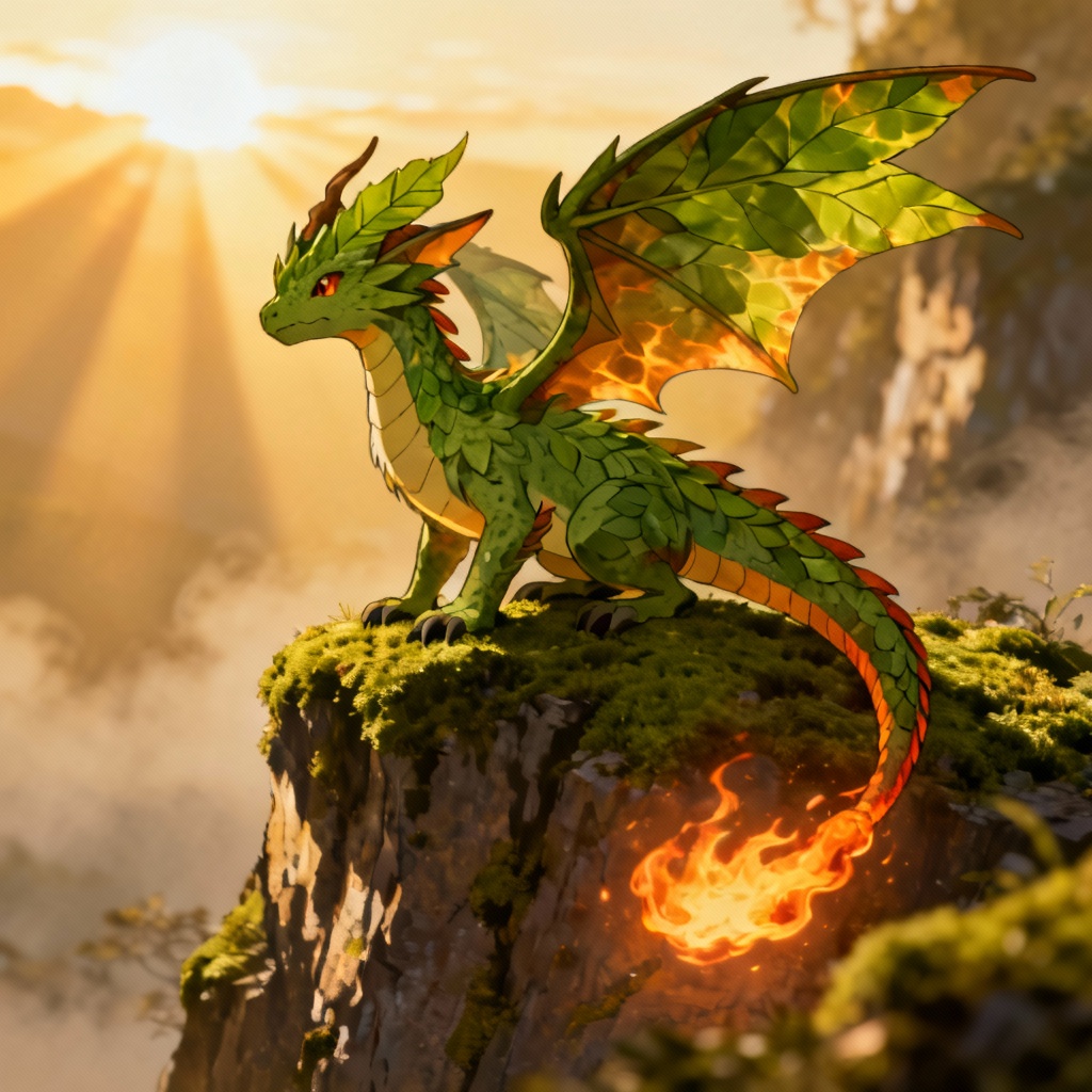 AI grass-fire dragon creature on forest cliff
