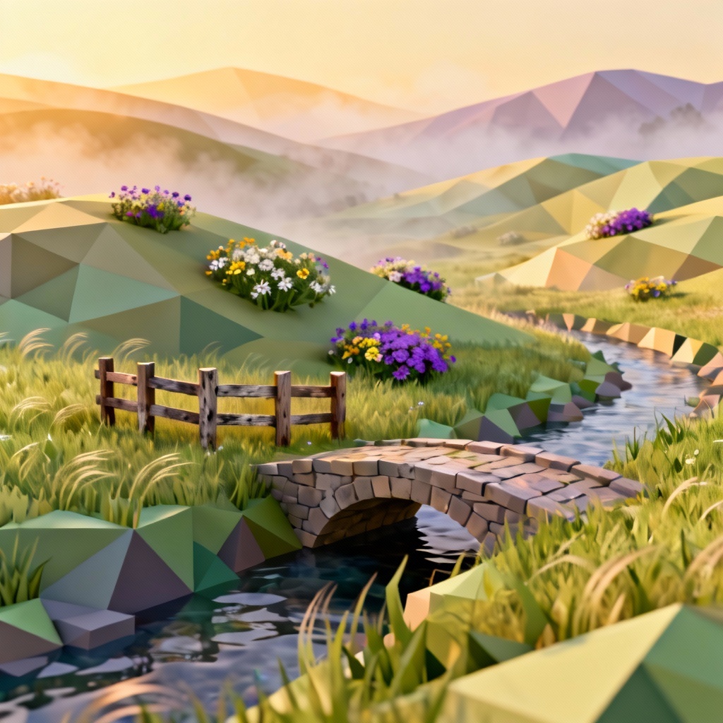 Isometric stylized meadow map with hills and stream