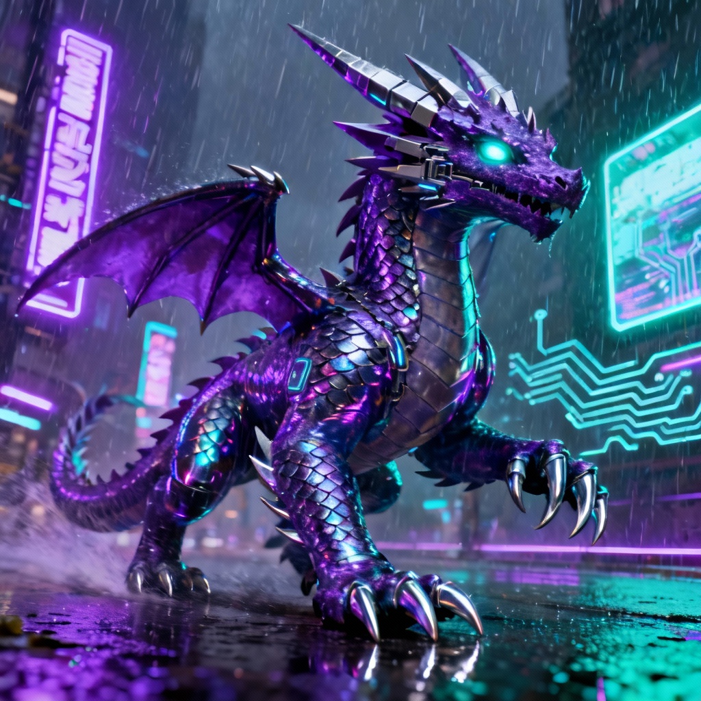 AI cyberpunk dragon fursona with neon synthwave colors