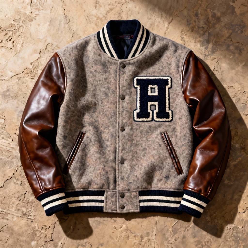 Varsity jacket flat lay with letter patch