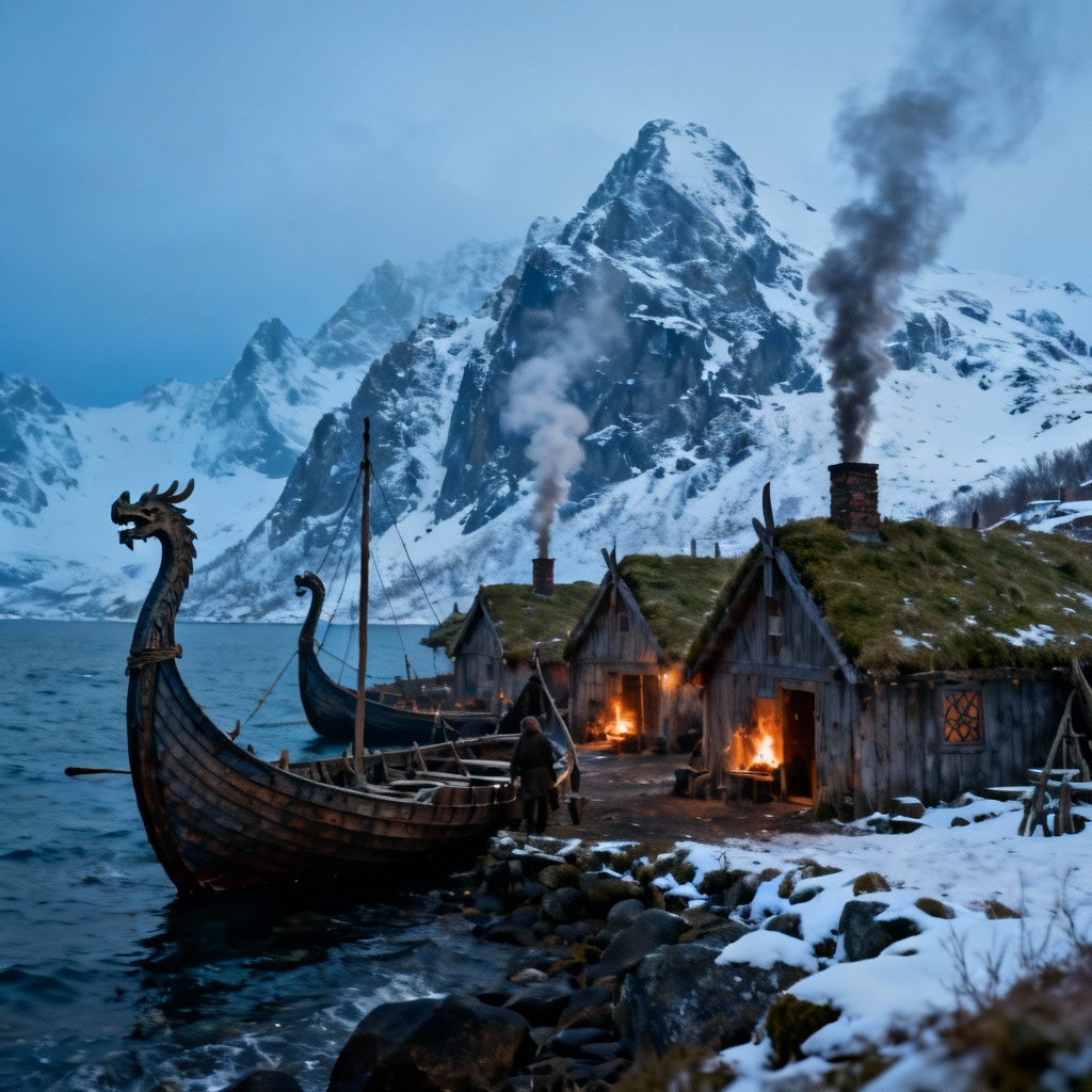 AI Viking fjord village with longships