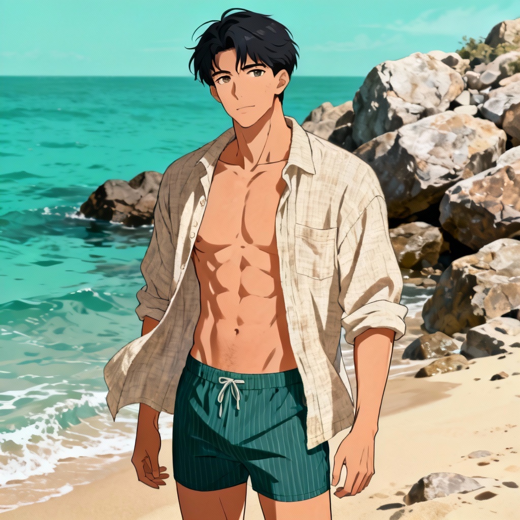 Anime man in swim trunks and open shirt on rocky shore