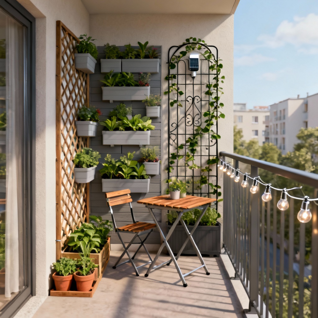 AI balcony garden design with vertical planters and bistro set