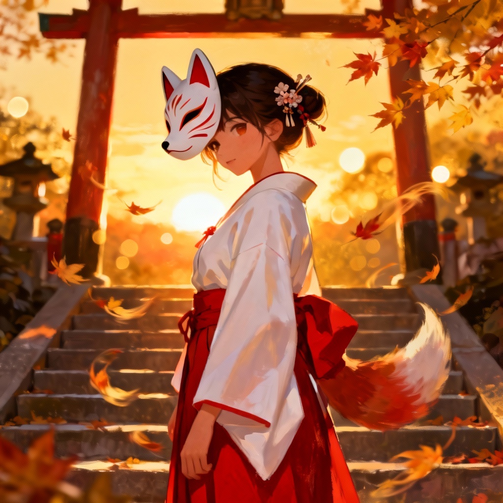 Miko outfit with kitsune mask and traditional accessories