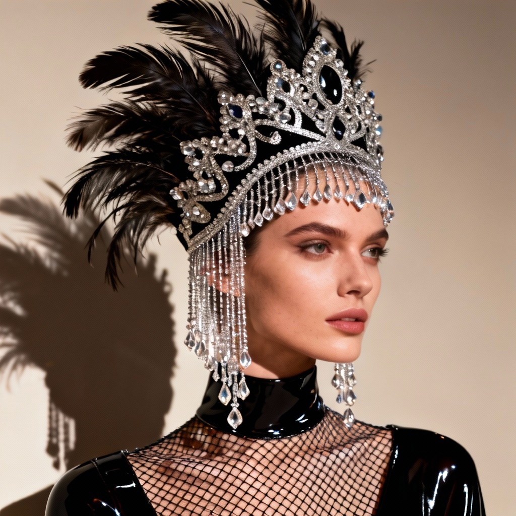 AI haute couture runway kokoshnik with feathers and crystals