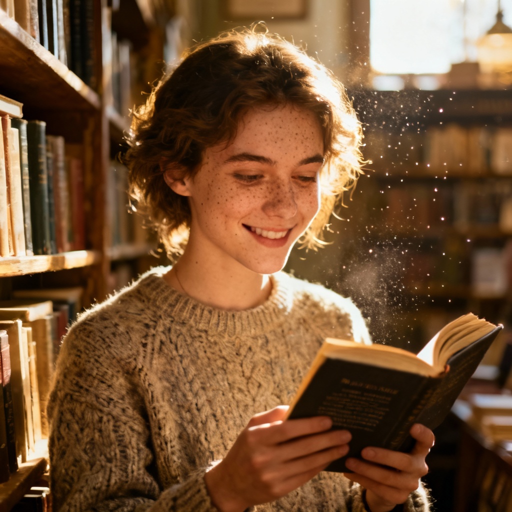 AI soulmate portrait in a cozy bookshop