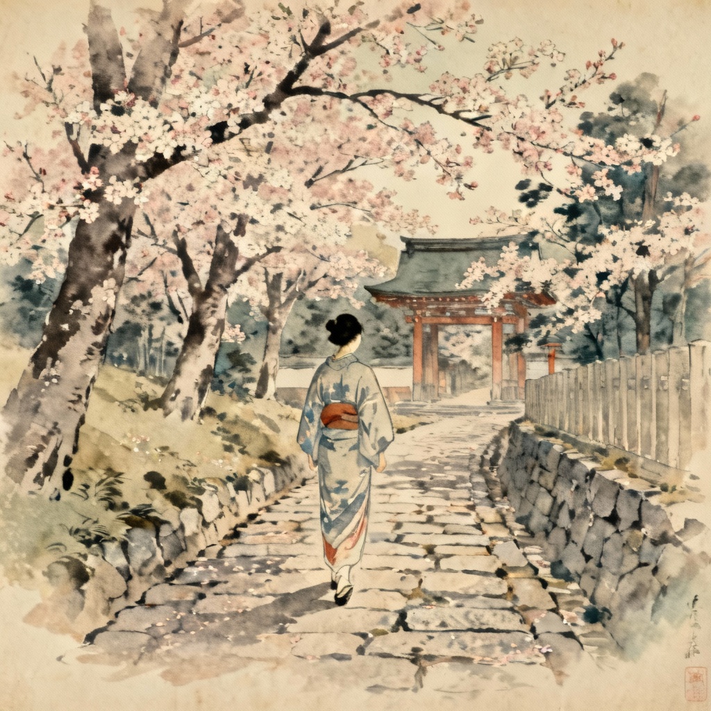 AI ukiyo-e style shrine maiden walking under cherry blossoms