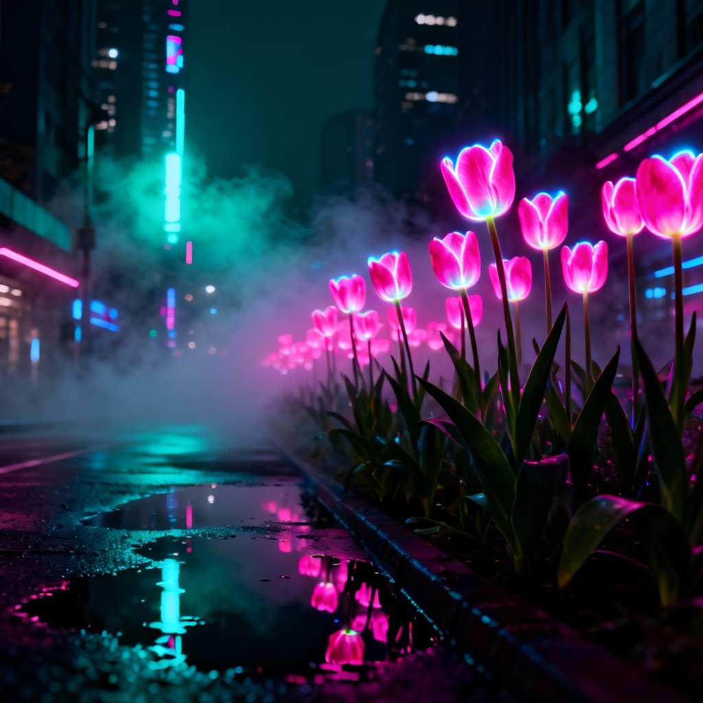 Futuristic neon cyber tulips glowing at night
