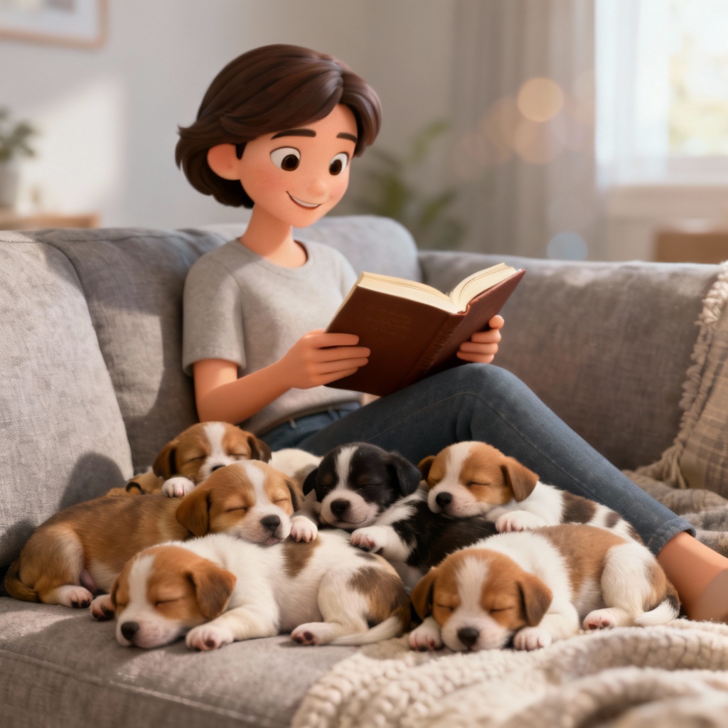 Photorealistic AI surrounded by puppies in a sunlit living room