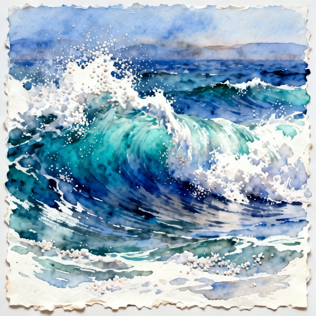 AI watercolor seascape with crashing waves