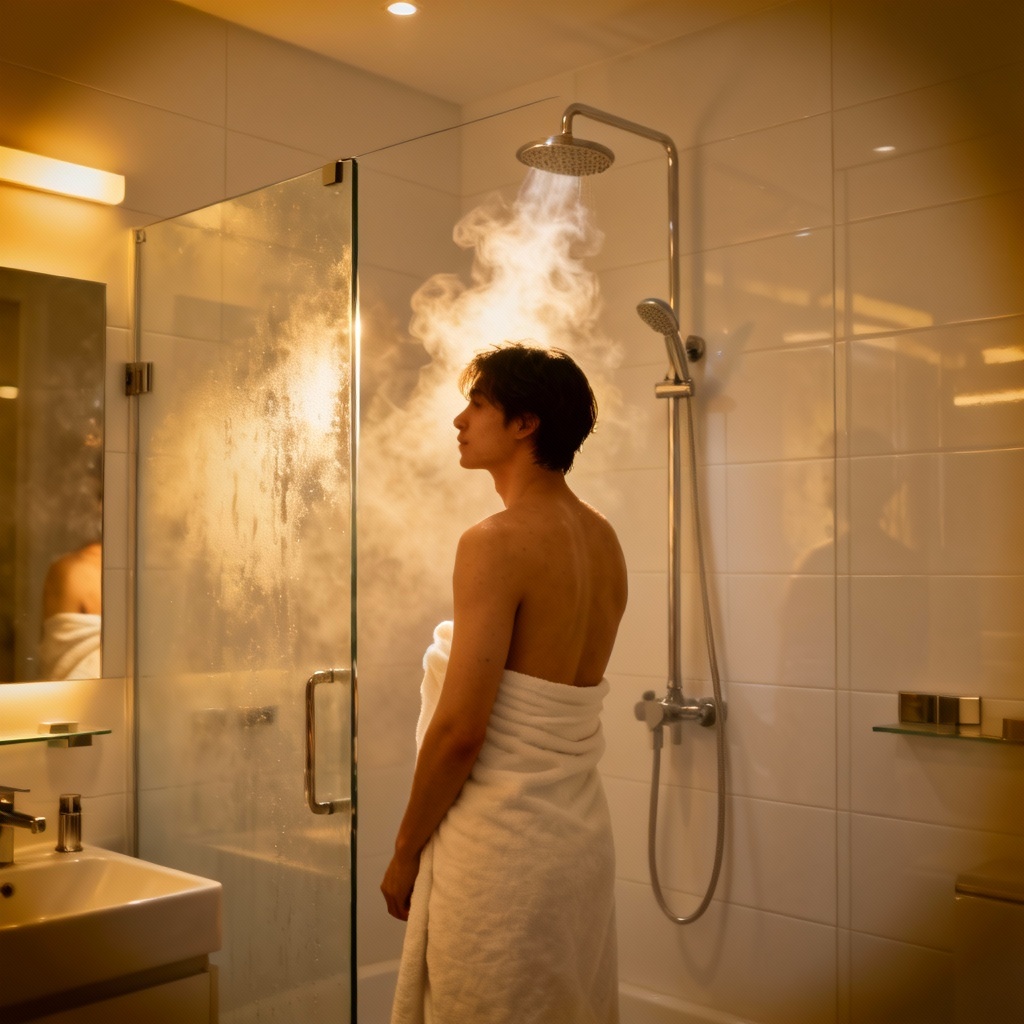 AI towel-wrapped adult near steamy shower