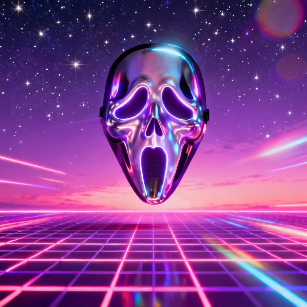 Synthwave neon ghostface floating over grid
