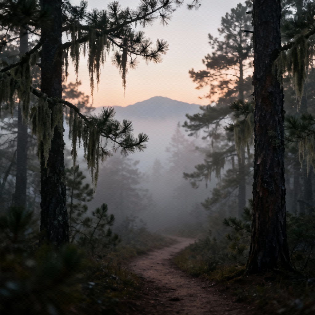 AI fogbound forest path with distant figure