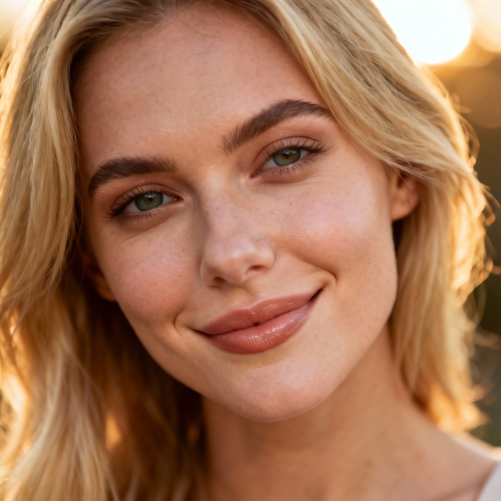 AI blonde girl portrait with golden hour lighting