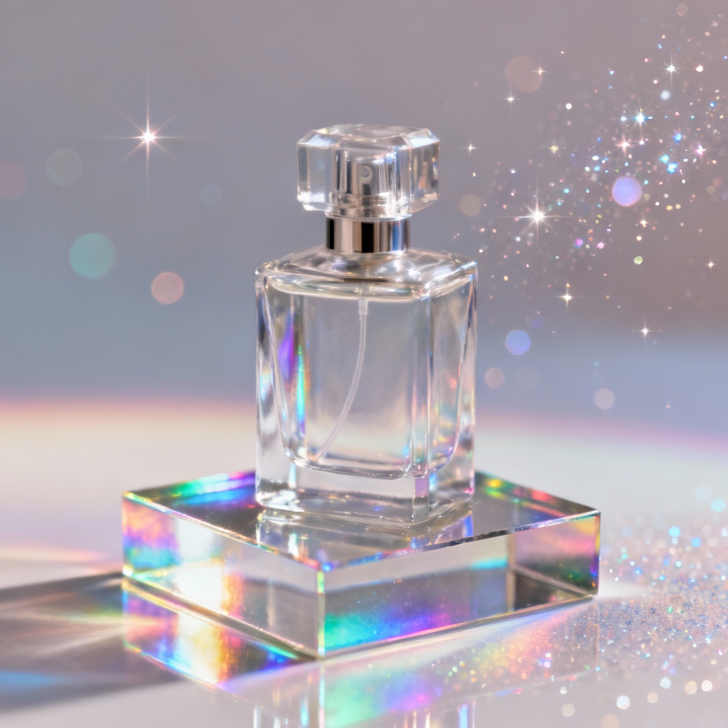 AI holographic shimmer product photo of perfume bottle