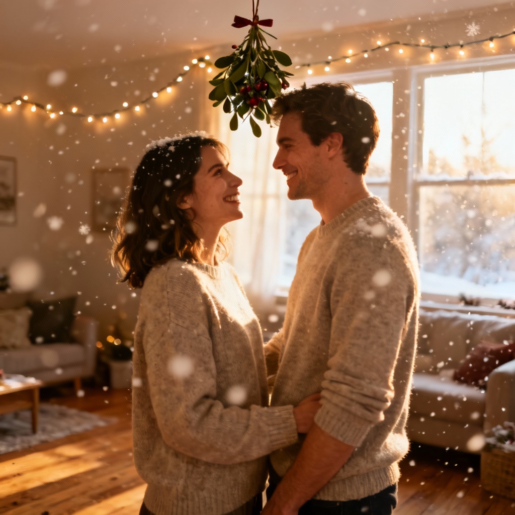 AI Christmas couple photo under mistletoe