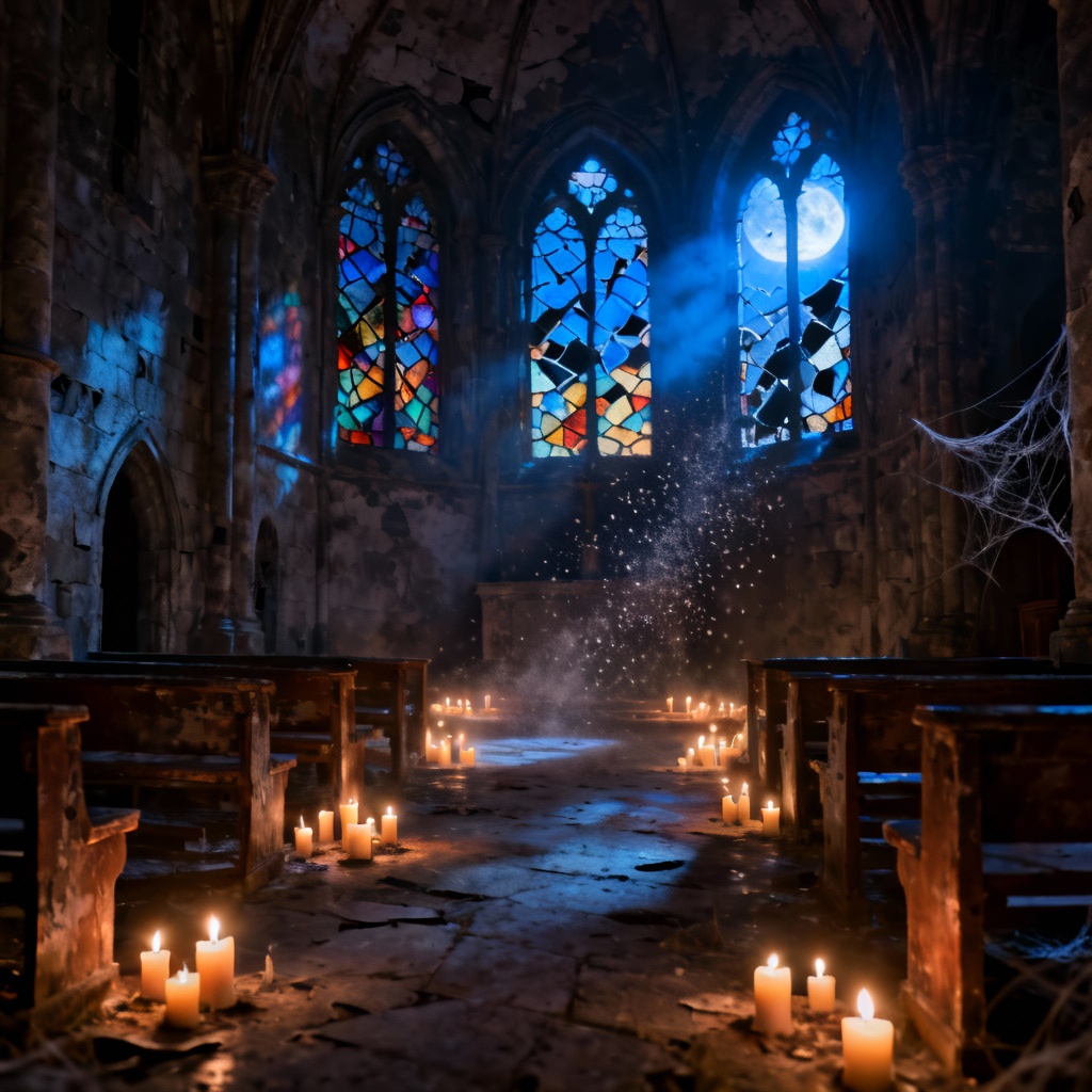 AI gothic chapel lit by candles and moonlight