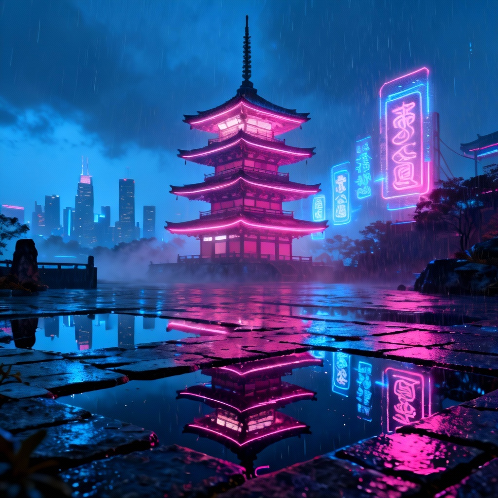 AI cyberpunk neon temple with holographic accents and reflective pools