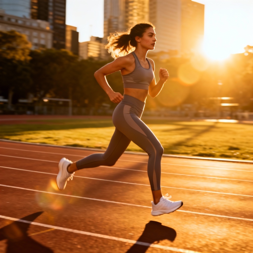 AI gym girl aesthetic outdoor golden hour run