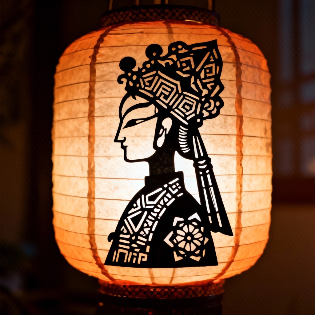AI paper cut shadow puppet silhouette in lantern light