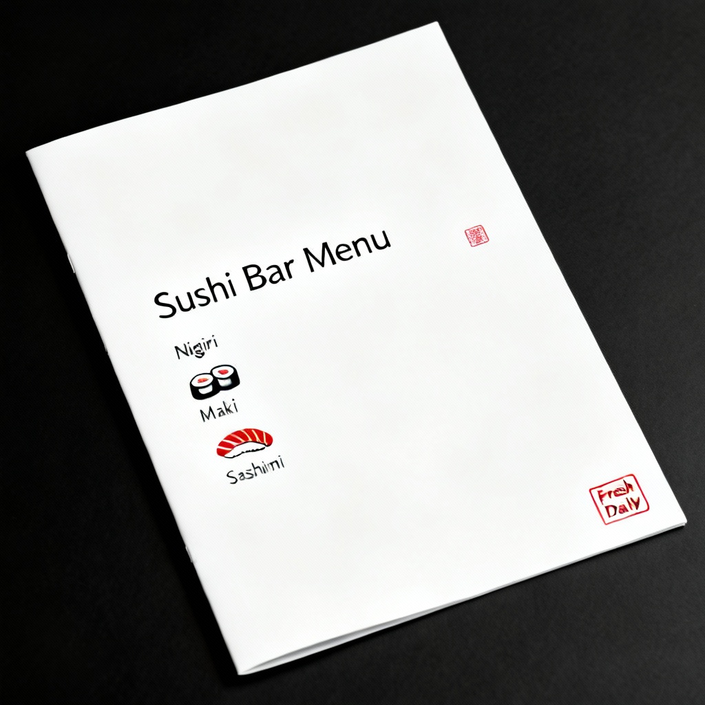 Minimal sushi bar menu with clean typography and red accent stamp