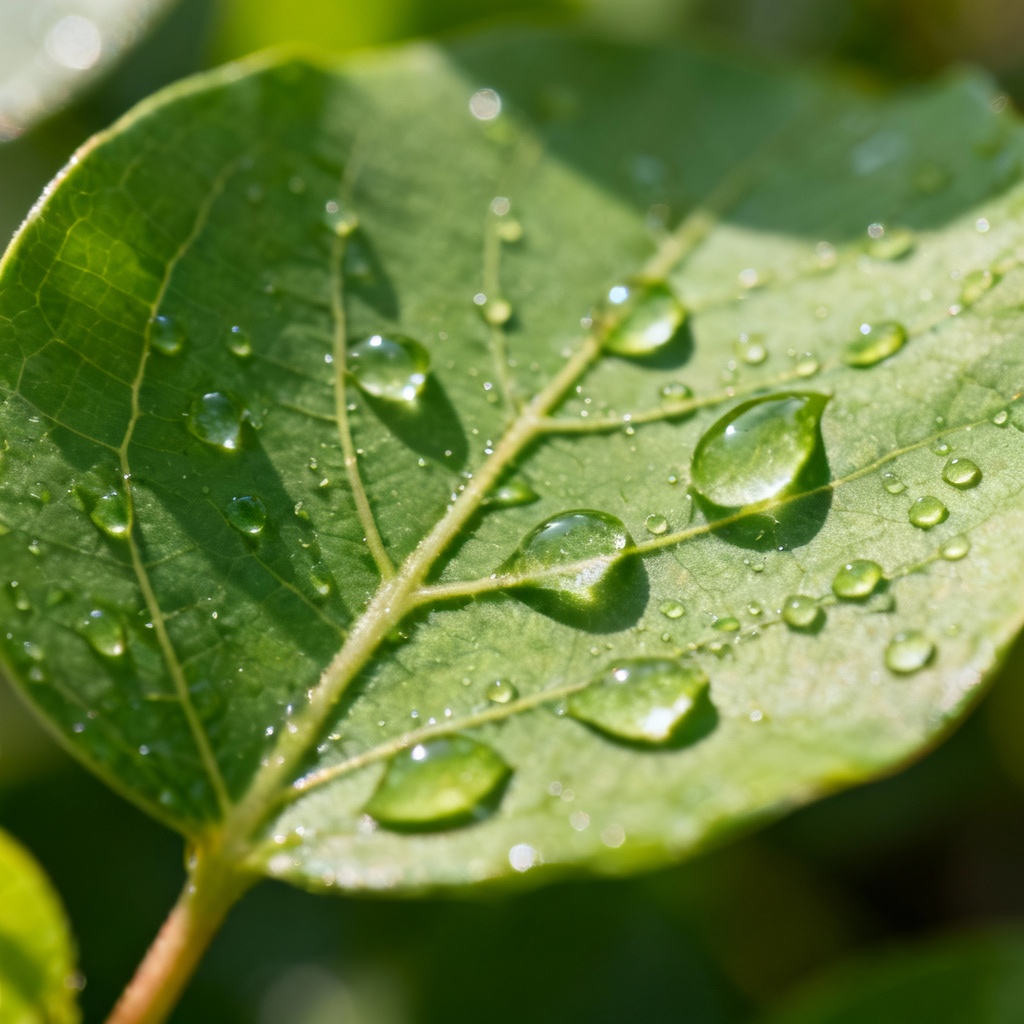 Macro water droplets on green leaf with refraction