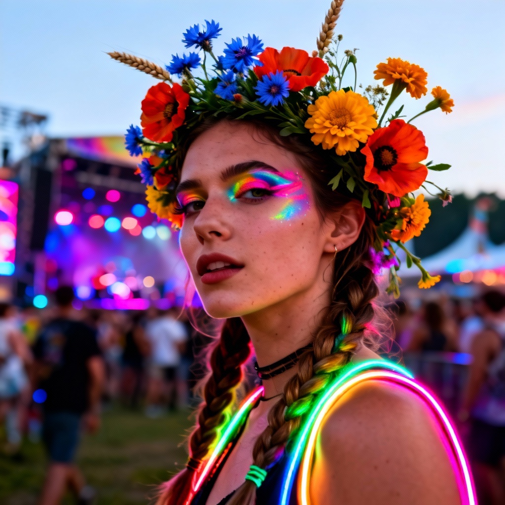 AI festival wildflower crown with neon styling