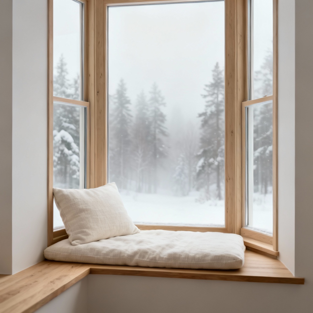 Scandinavian bay window with light wood frame and cozy seating