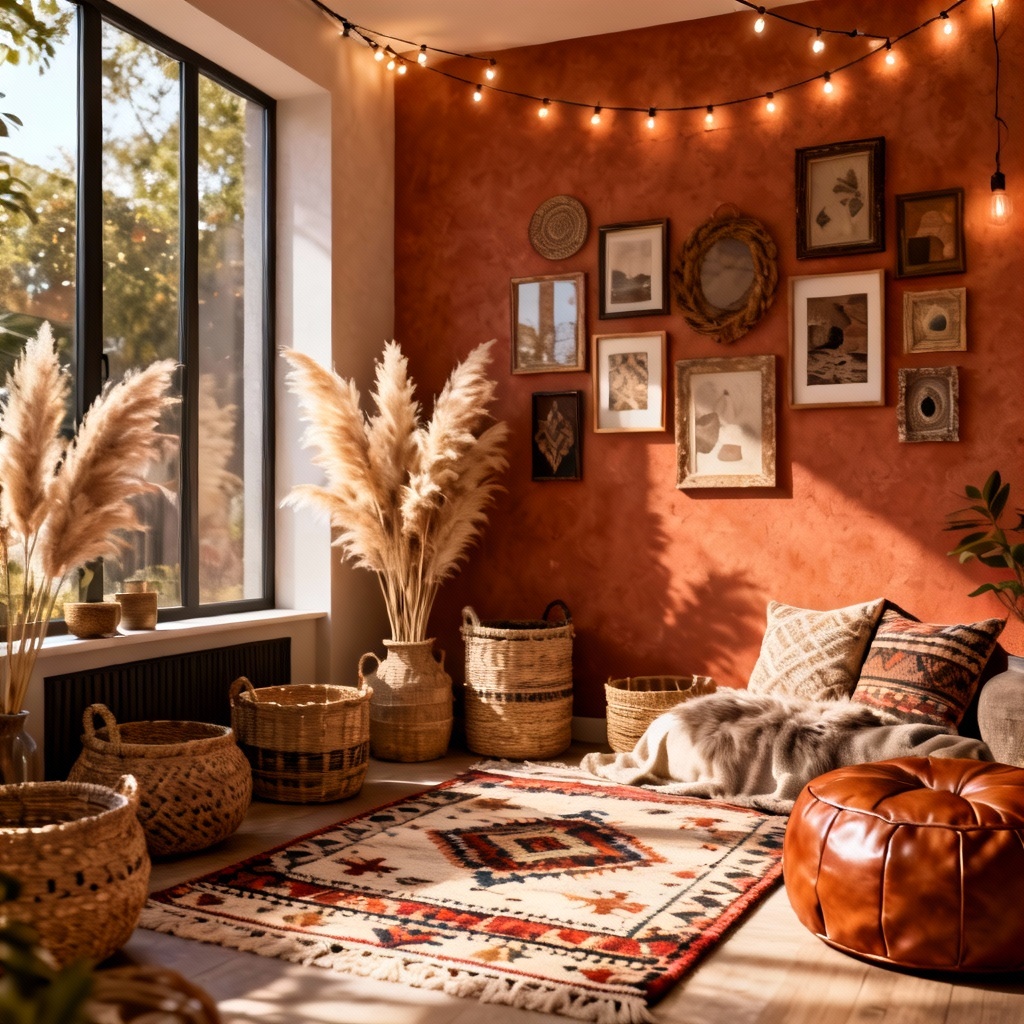 Bohemian modern living space with layered textiles and terracotta wall