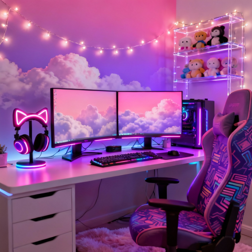 AI egirl Y2K gaming setup with LED lights