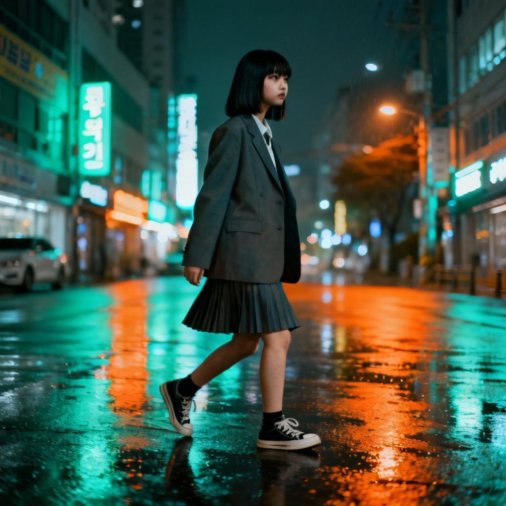 AI South Korean girl in Seoul street fashion at night