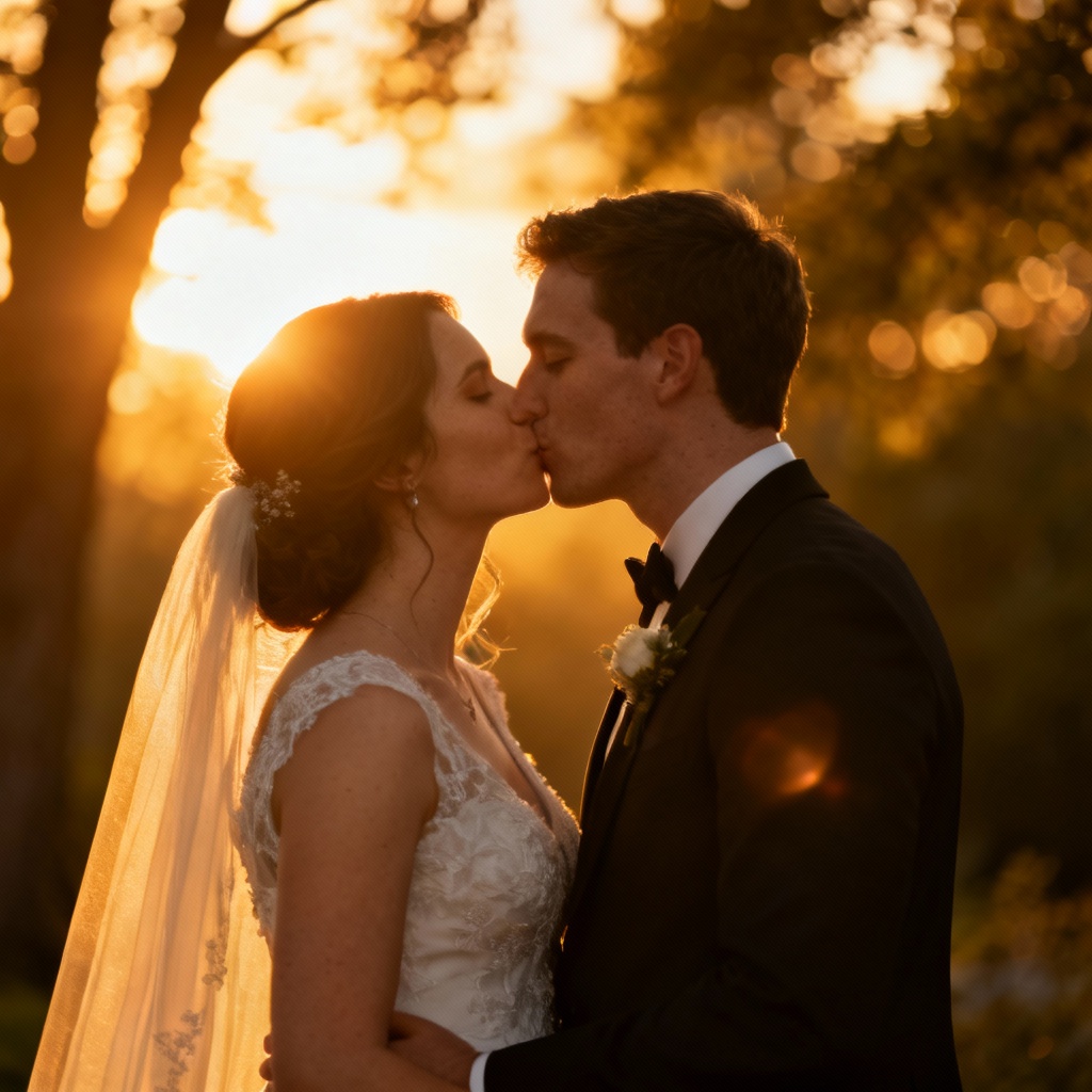AI Wedding Kiss at Golden Hour