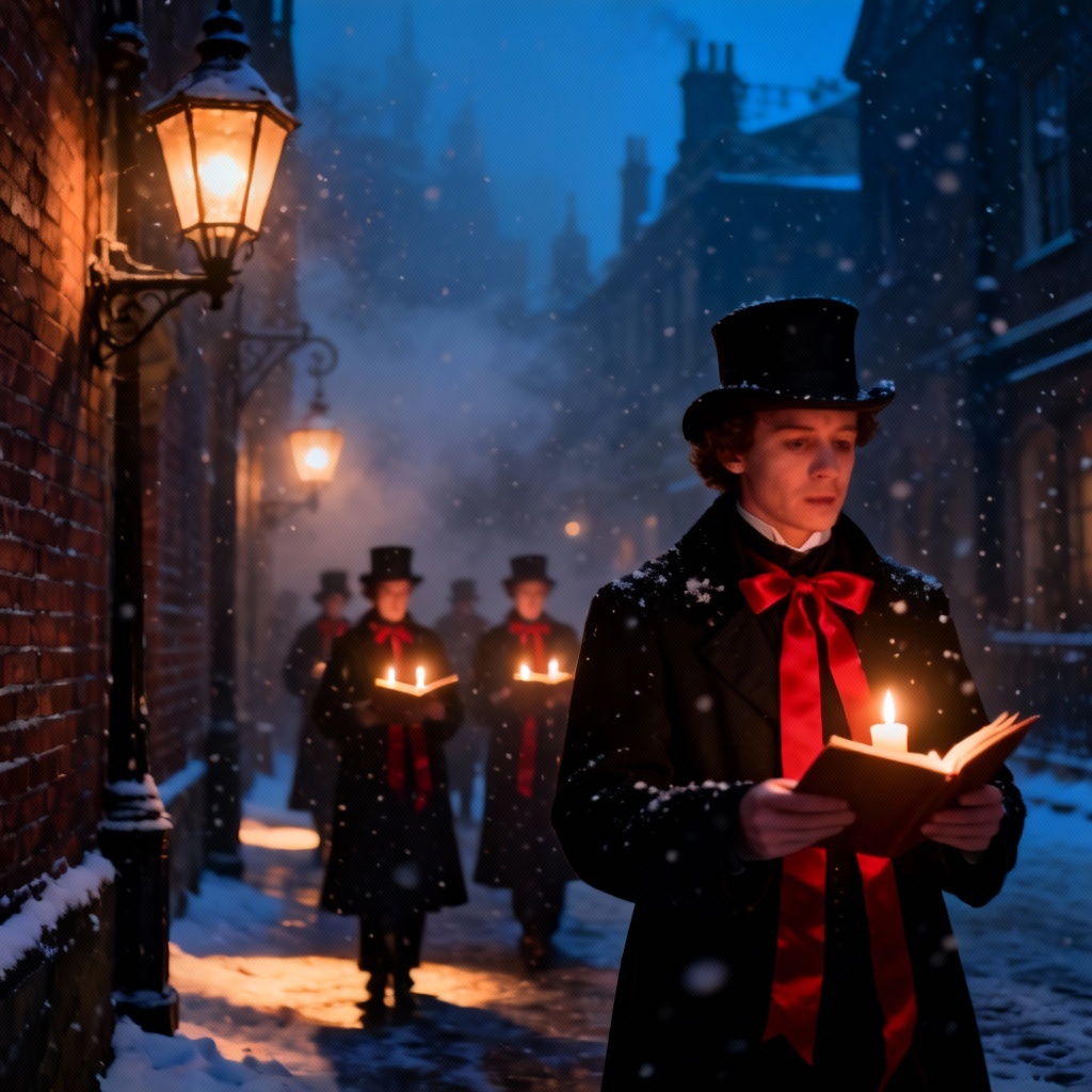 AI dark Christmas scene with gothic carolers in candlelight snow