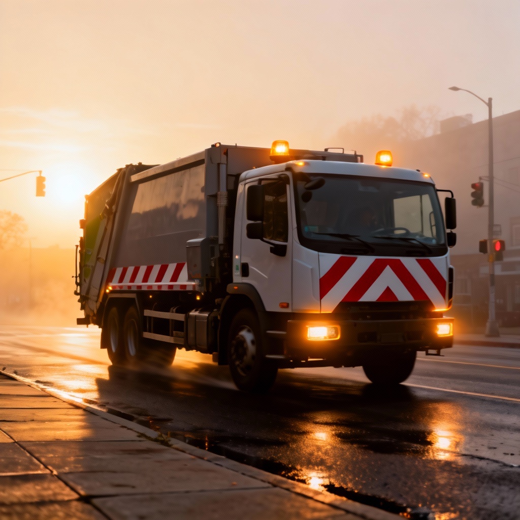 AI electric side loader garbage truck on city street at sunrise