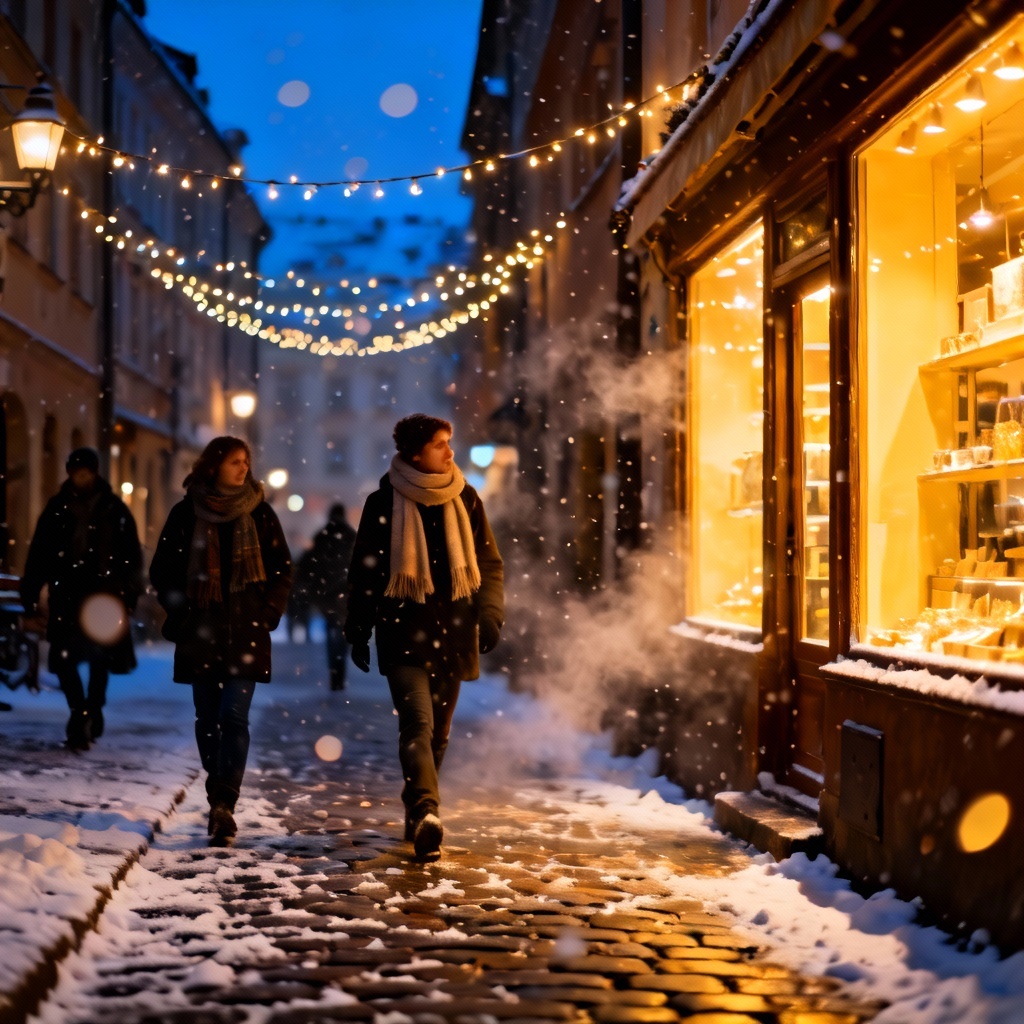 Cozy old town at dusk with string lights and first snow