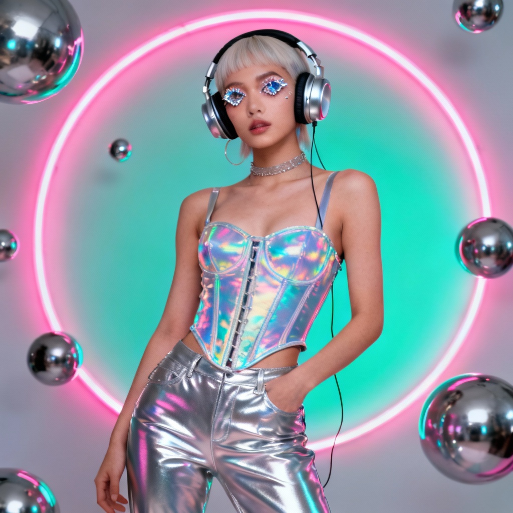 AI Y2K pop idol studio portrait with chrome accents