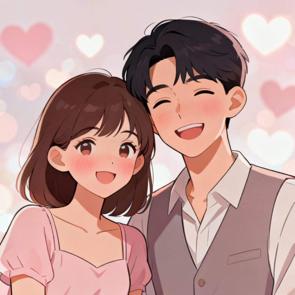 Cute couple cartoon portrait with pastel colors