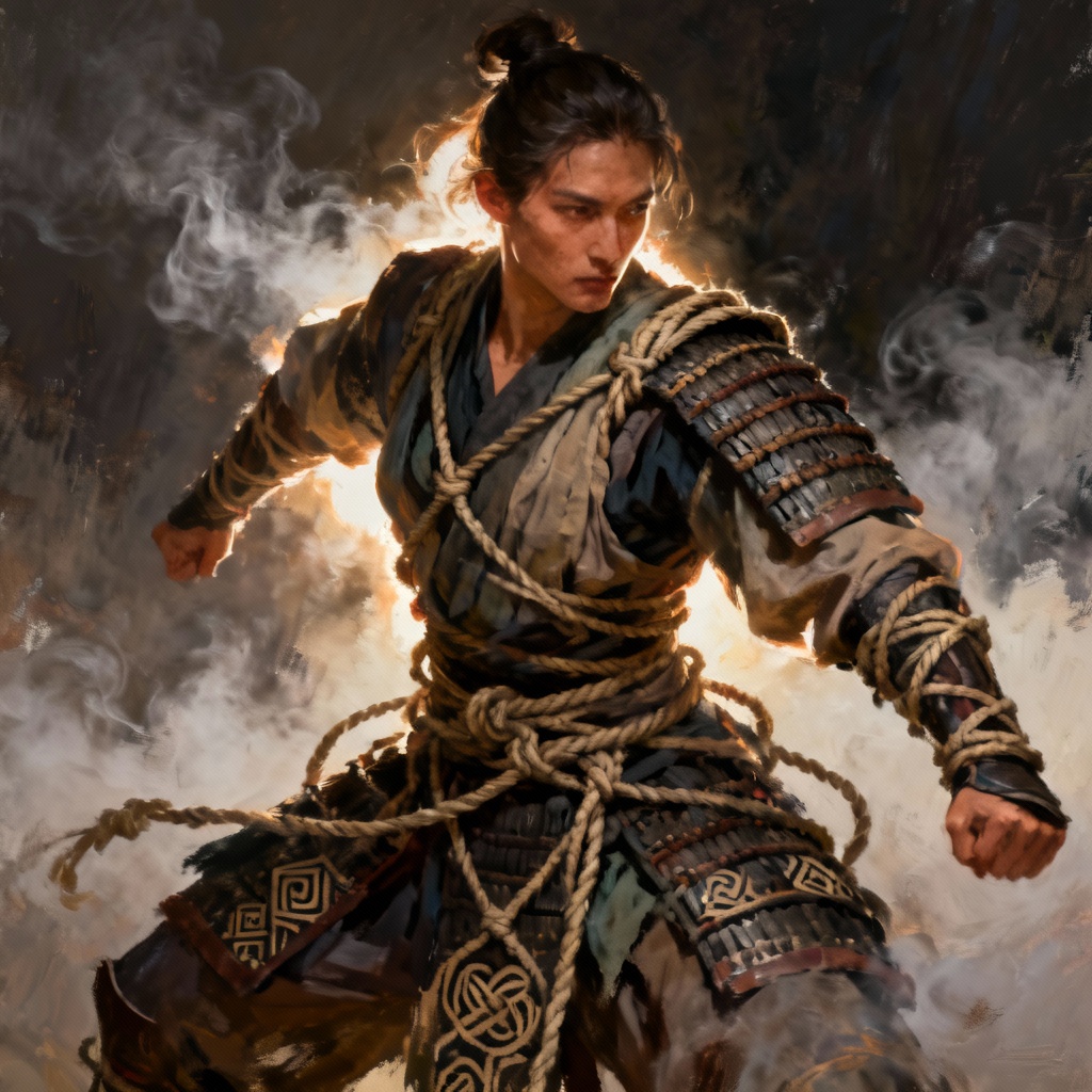 AI samurai-inspired rope armor concept, SFW