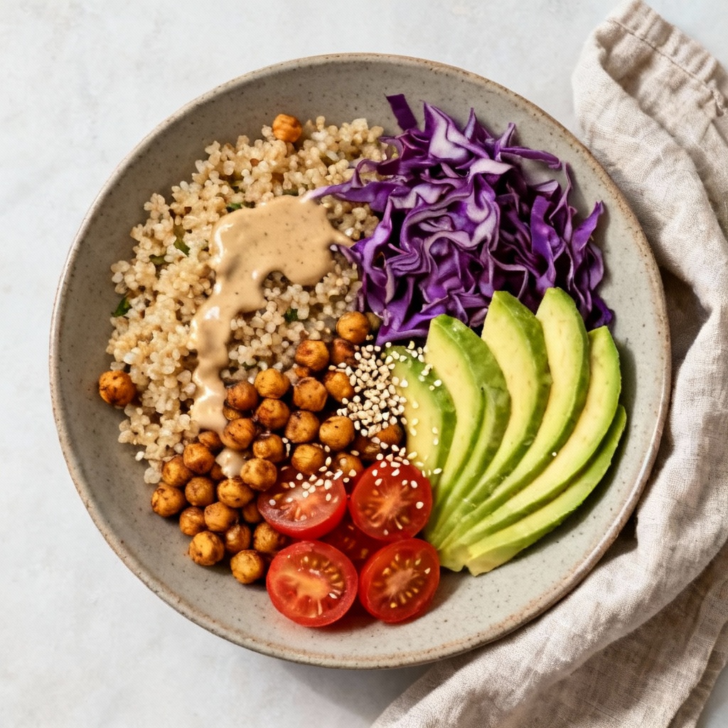 AI vegan bowl with grains and greens top-down