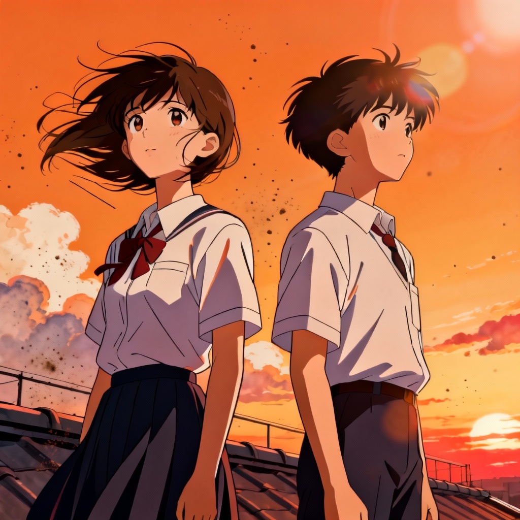 Classic anime rooftop at sunset with two characters