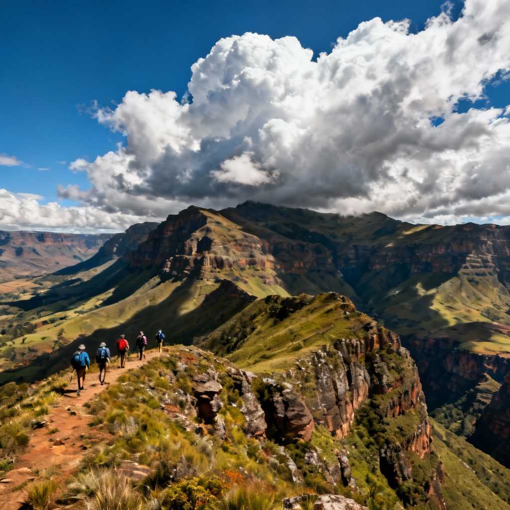 AI Drakensberg mountain panorama with hikers