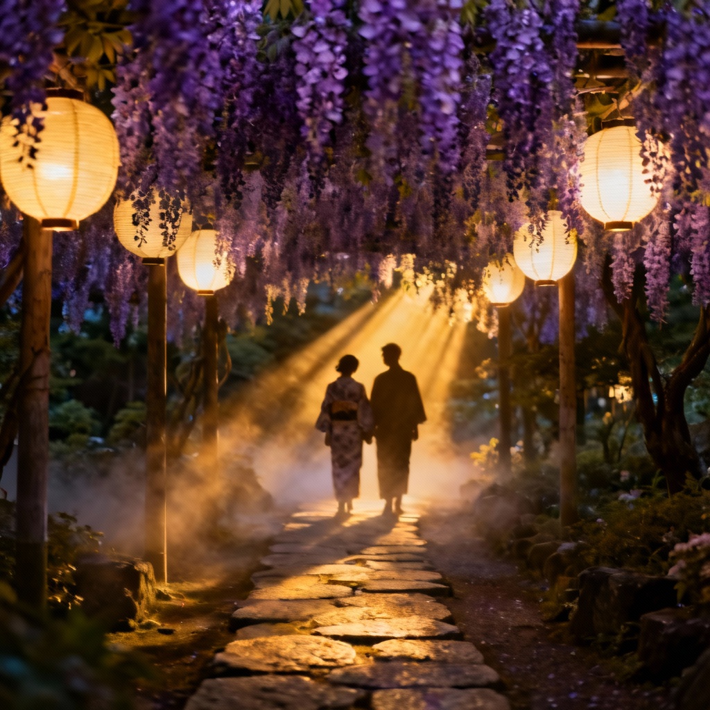 AI wisteria tunnel at night illuminated by lanterns