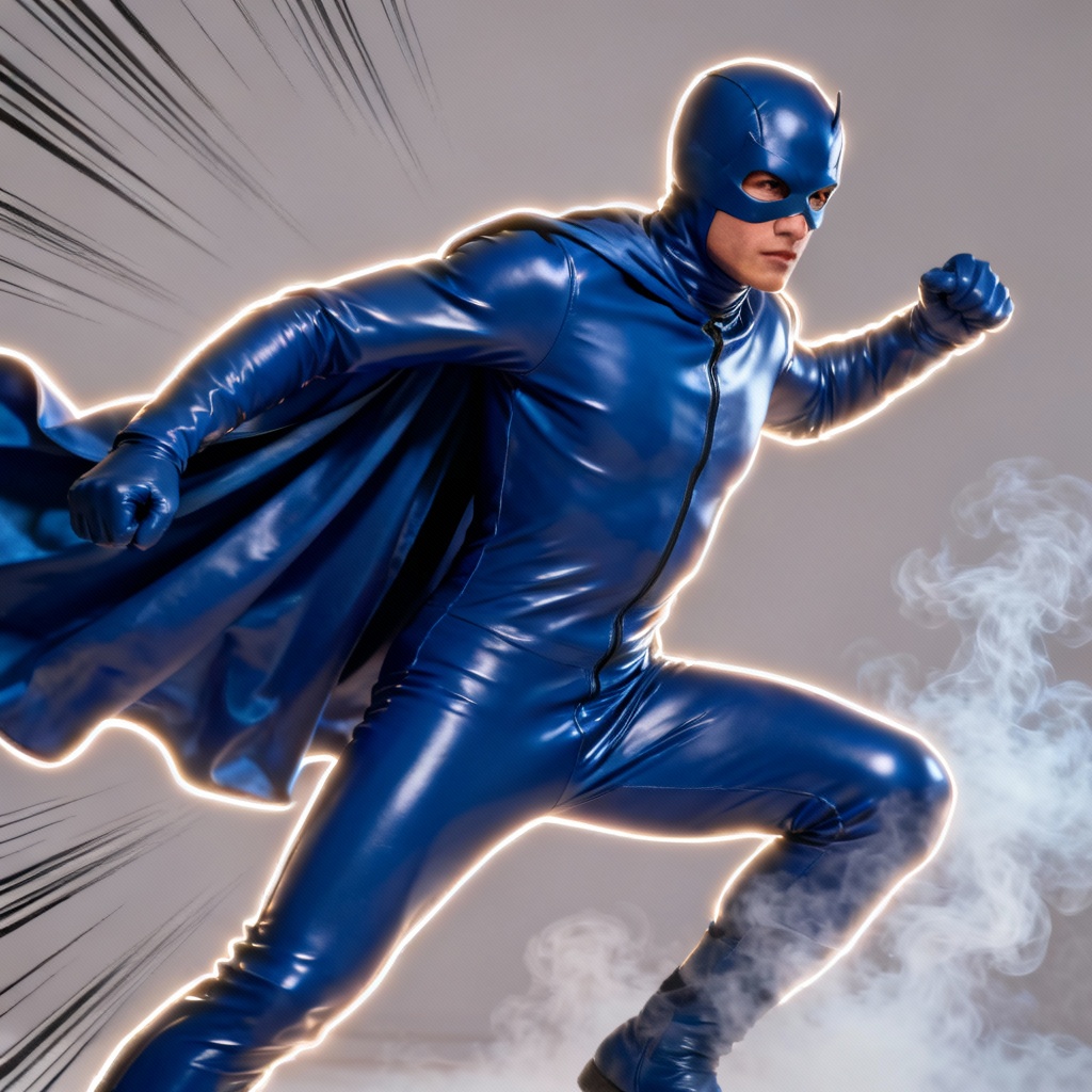 AI cosplay latex hero costume with cape in action pose