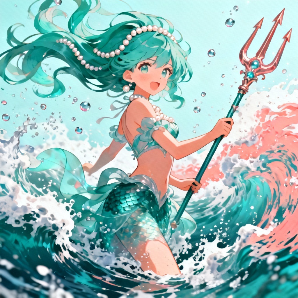 AI ocean magical girl with trident amid crashing waves