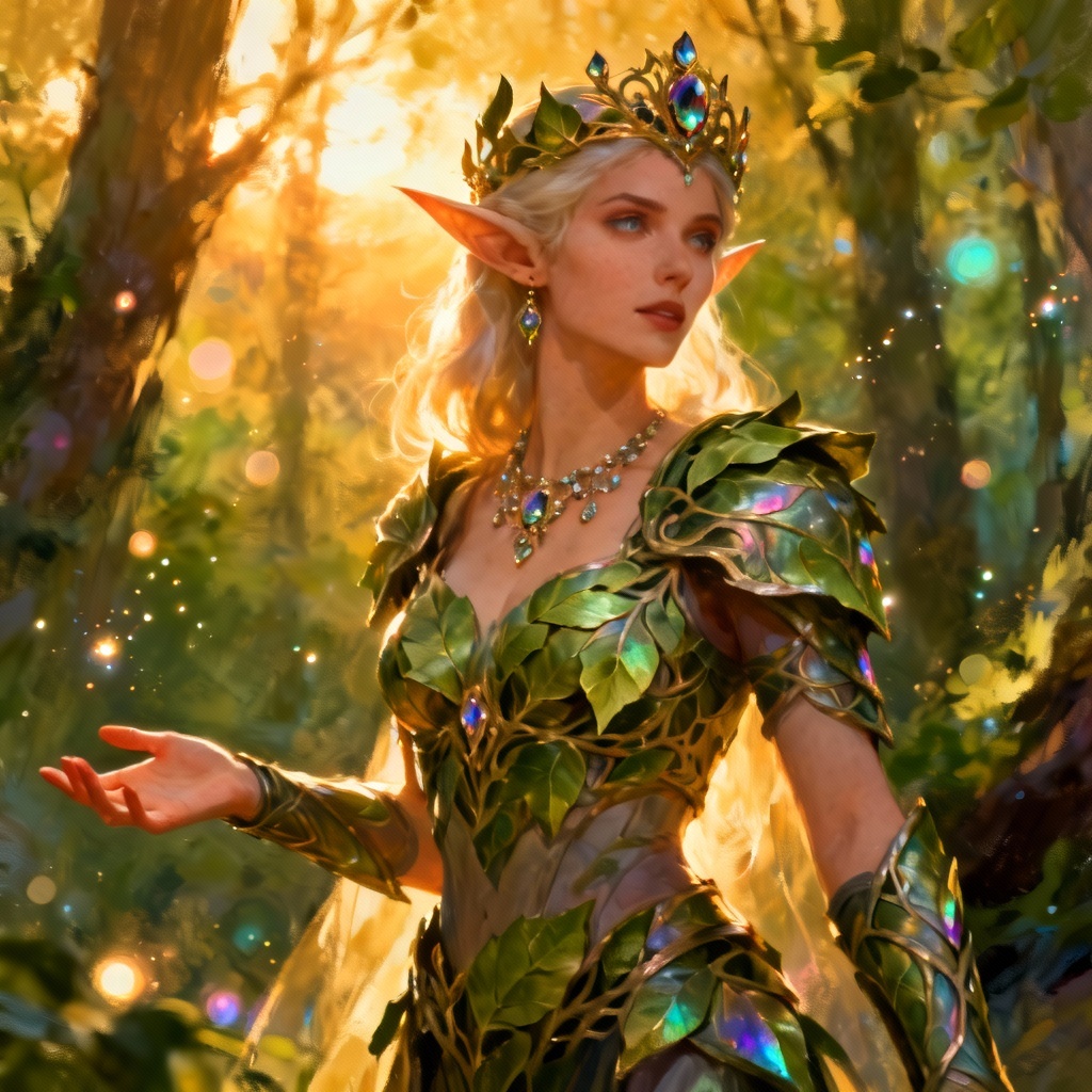 AI fantasy elf queen with crown and forest backdrop